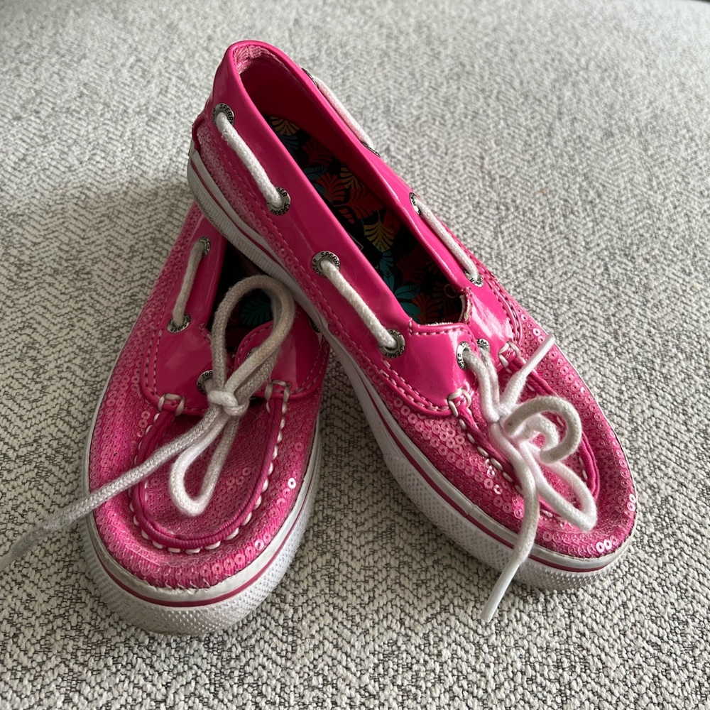 Pink girls Sperry boat shoes with sequins